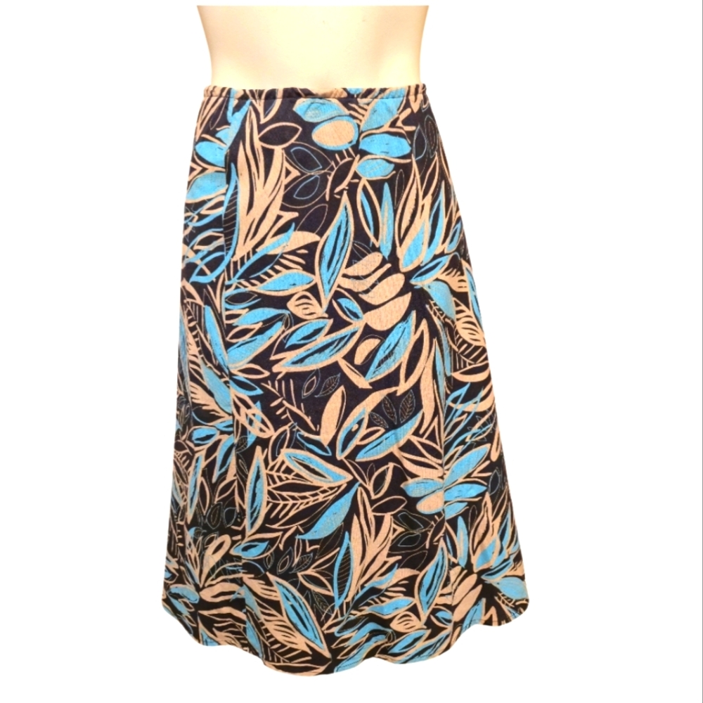 CATO Linen Blend A Line Skirt‎ Floral Blue Black Brown Size Small